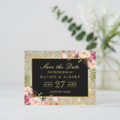 Gouden Glitter Bloemen Bruiloft Save the Date Aankondigingskaart (Staand voorkant)