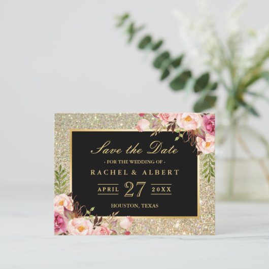 Gouden Glitter Bloemen Bruiloft Save the Date Aankondigingskaart (Staand voorkant)