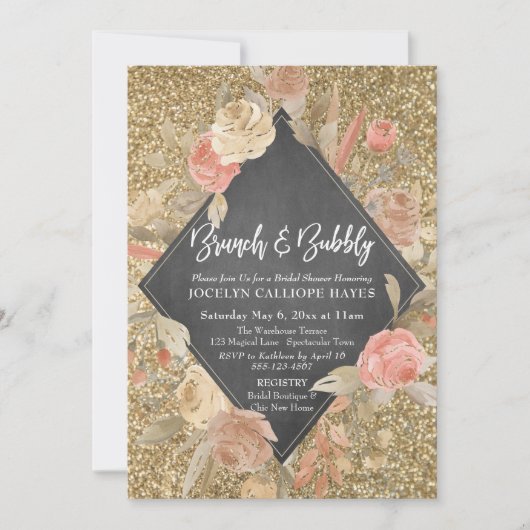 Gouden Glitter Bloemen Chalkboard Brunch & Bubbly Kaart (Voorkant)