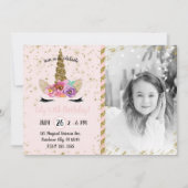 Gouden Glitter Bloemen Eenhoorn Verjaardagsfoto Kaart (Voorkant)