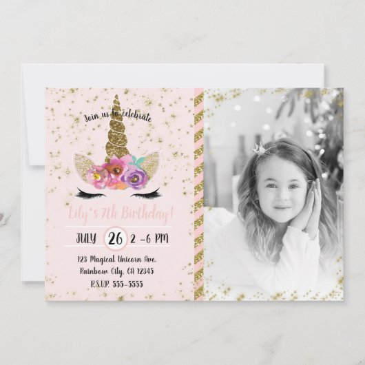 Gouden Glitter Bloemen Eenhoorn Verjaardagsfoto Kaart (Voorkant)