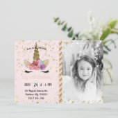 Gouden Glitter Bloemen Eenhoorn Verjaardagsfoto Kaart (Staand voorkant)