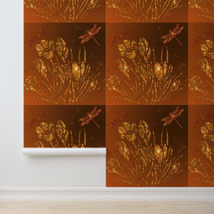 Gouden Glitter Bloemen en Dragonflies Behang