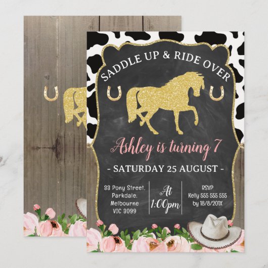 Gouden Glitter Bloemen Paard Verjaardag uitnodigin Kaart (Voorkant / Achterkant)