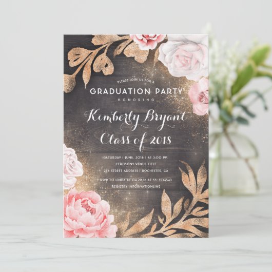 Gouden Glitter Bloemen Rustiek Land Afstuderen Kaart (Staand voorkant)