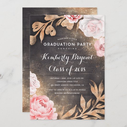 Gouden Glitter Bloemen Rustiek Land Afstuderen Kaart (Voorkant / Achterkant)