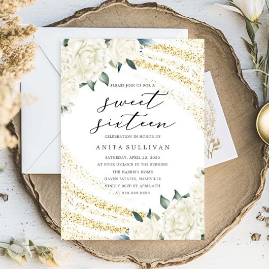 Gouden Glitter Bloemen Sweet Sixteen 16 Verjaardag Kaart