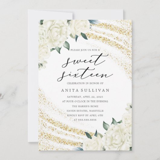 Gouden Glitter Bloemen Sweet Sixteen 16 Verjaardag Kaart (Voorkant)