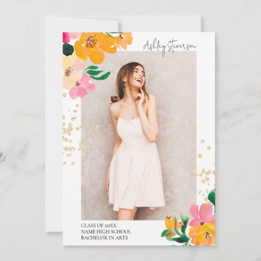 Gouden glitter bloemenfoto botanisch afstuderen bedankkaart (Achterkant)