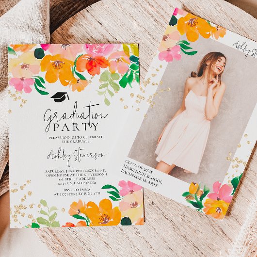 Gouden glitter bloemenfoto botanisch afstuderen kaart