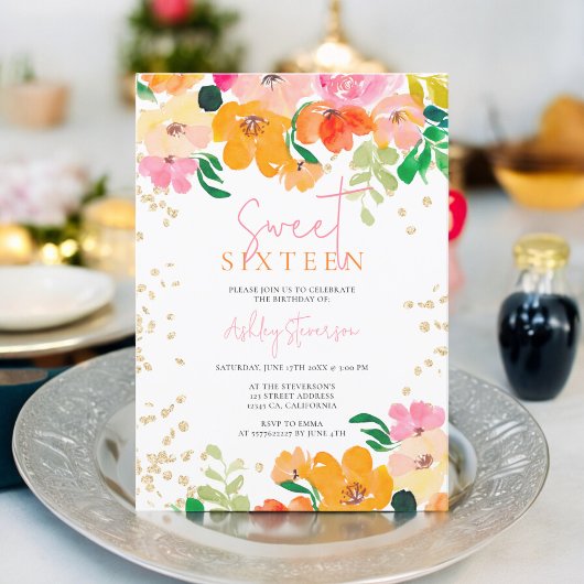 Gouden glitter bloemenfoto botanisch zoet 16 kaart