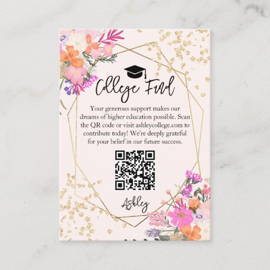 Gouden glitter bloemenfoto waterverf universiteits informatiekaartje (Voorkant)