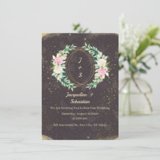 Gouden Glitter Bloemenkrans Bruiloft Kaart