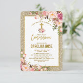 Gouden Glitter Blush Bloemen Heilige Communie Baby Kaart (Staand voorkant)