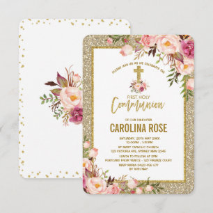 Gouden Glitter Blush Bloemen Heilige Communie Baby Kaart