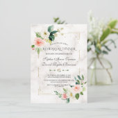 Gouden Glitter Blush Bloemen Marmeren Repetitie Di Kaart (Staand voorkant)