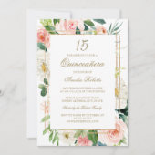 Gouden Glitter Blush Bloemen Quinceanera Kaart (Voorkant)
