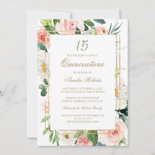 Gouden Glitter Blush Bloemen Quinceanera Kaart (Voorkant)