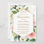 Gouden Glitter Blush Bloemen Quinceanera Verjaarda Kaart (Voorkant)