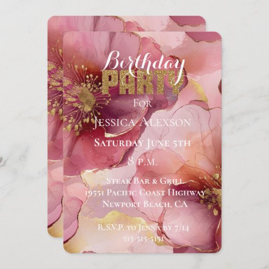 Gouden Glitter Blush Burgundy Bloemen Verjaardag  Kaart (Voorkant / Achterkant)