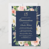 Gouden Glitter Blush Navy Bloemen Quinceanera Kaart (Voorkant)