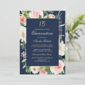 Gouden Glitter Blush Navy Bloemen Quinceanera Kaart (Staand voorkant)