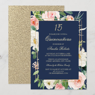 Gouden Glitter Blush Navy Bloemen Quinceanera Kaart