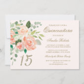 Gouden Glitter Blush Perzik Bloemen Quinceanera Kaart (Voorkant)