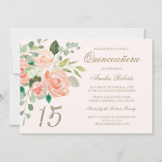 Gouden Glitter Blush Perzik Bloemen Quinceanera Kaart (Voorkant)