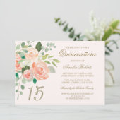 Gouden Glitter Blush Perzik Bloemen Quinceanera Kaart (Staand voorkant)