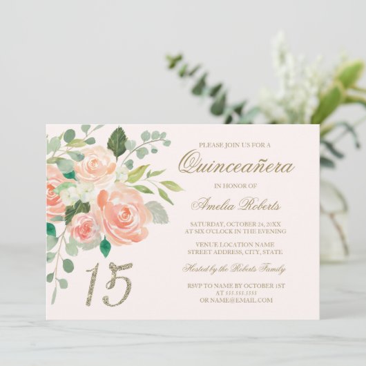 Gouden Glitter Blush Perzik Bloemen Quinceanera Kaart (Staand voorkant)