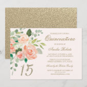 Gouden Glitter Blush Perzik Bloemen Quinceanera Kaart (Voorkant / Achterkant)
