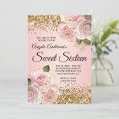 Gouden Glitter Blush Pink Floral Glam Sweet Sixtee Kaart (Staand voorkant)