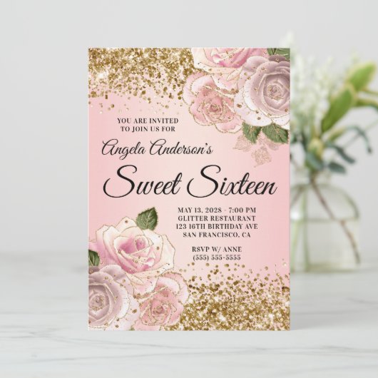 Gouden Glitter Blush Pink Floral Glam Sweet Sixtee Kaart (Staand voorkant)