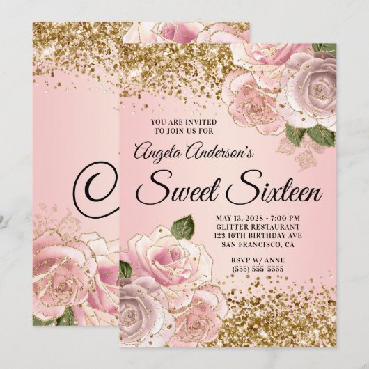 Gouden Glitter Blush Pink Floral Glam Sweet Sixtee Kaart (Voorkant / Achterkant)