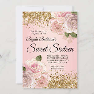 Gouden Glitter Blush Pink Floral Glam Sweet Sixtee Kaart