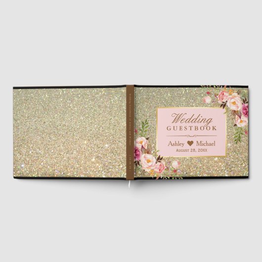 Gouden Glitter Blush Roze Bloemen Huwelijk Gastenboek (Volledig)