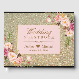 Gouden Glitter Blush Roze Bloemen Huwelijk Gastenboek