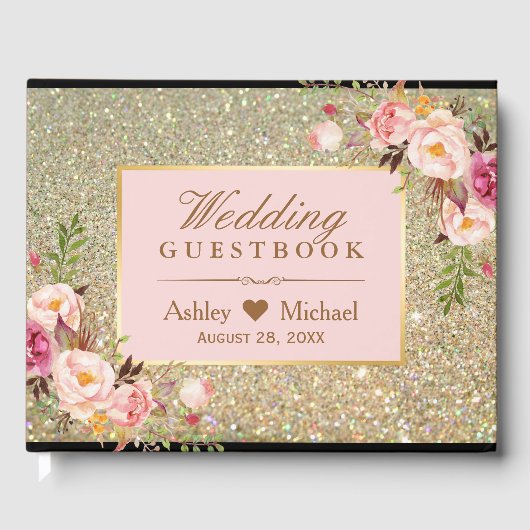 Gouden Glitter Blush Roze Bloemen Huwelijk Gastenboek (Voorkant)