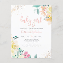 Gouden Glitter Blush Roze Bloemen Meisje Baby show Uitnodiging Briefkaart