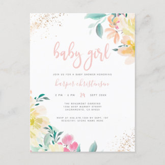 Gouden Glitter Blush Roze Bloemen Meisje Baby show Uitnodiging Briefkaart