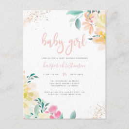 Gouden Glitter Blush Roze Bloemen Meisje Baby show Uitnodiging Briefkaart