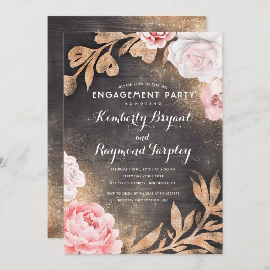 Gouden Glitter & Blush Roze Bloemen Verlovingsfees Kaart (Voorkant / Achterkant)