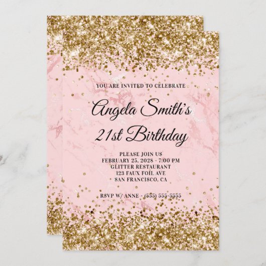 Gouden Glitter Blush Roze Marmer 21e Verjaardag Kaart (Voorkant / Achterkant)