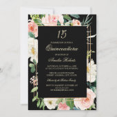 Gouden Glitter Blush Zwart Bloemen Quinceanera Kaart (Voorkant)