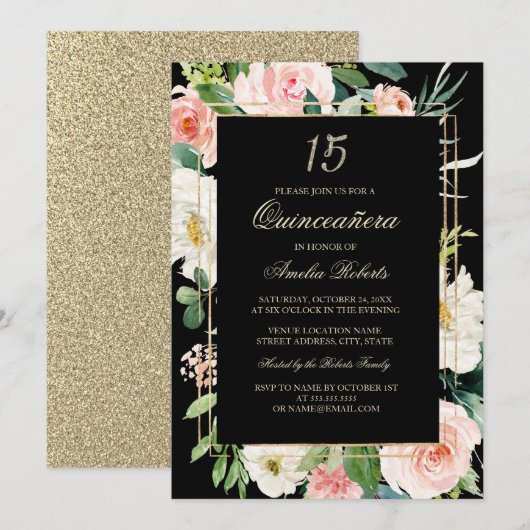 Gouden Glitter Blush Zwart Bloemen Quinceanera Kaart (Voorkant / Achterkant)