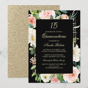 Gouden Glitter Blush Zwarte Bloemige Quinceanera Kaart