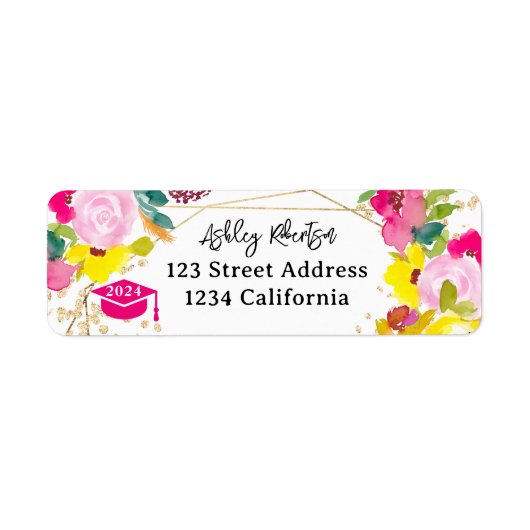 Gouden glitter boho floral waterverf afstuderen etiket (Voorkant)