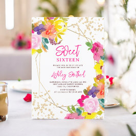 Gouden glitter boho vet bloemen foto Sweet 16 Kaart