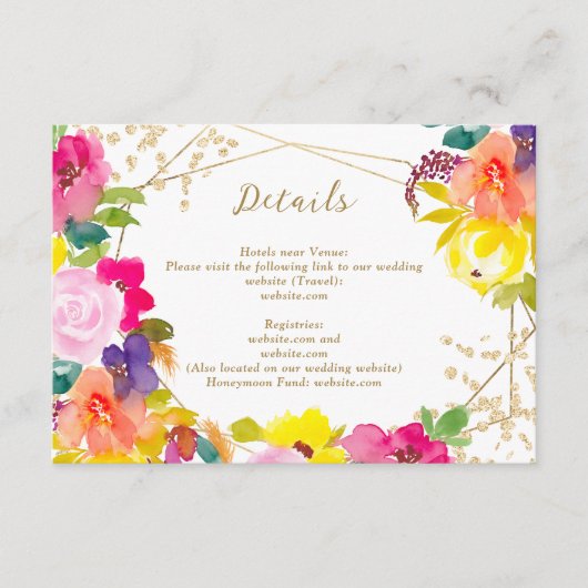 Gouden glitter boho vet bloemenbruiloft chique det informatiekaartje (Voorkant)